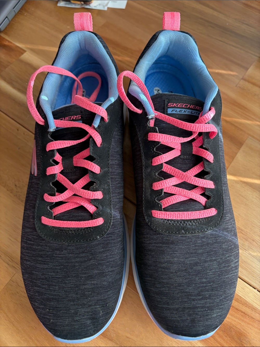 Skechers Women’s Black Athletic Sneakers with Pink Laces and Light Blue Lining